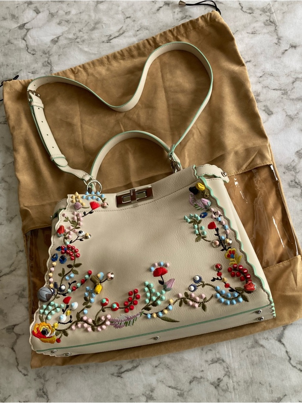 Fendi peekaboo large Cream Leather embroidered studded handbag